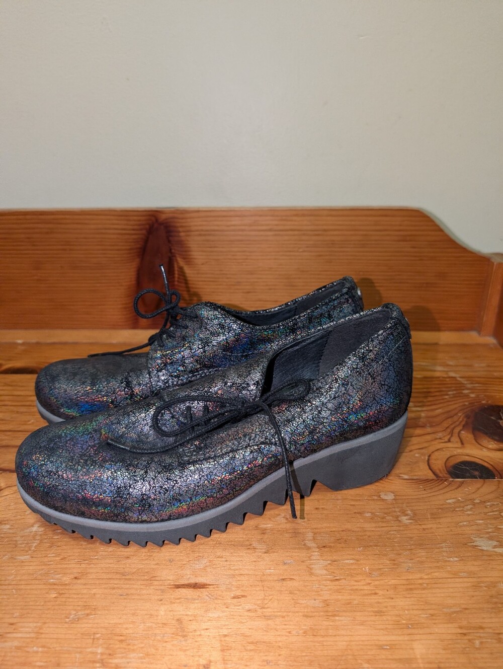 Wolky Metallic Rainbow Leather Lace Up Wedge Shoes EU 38